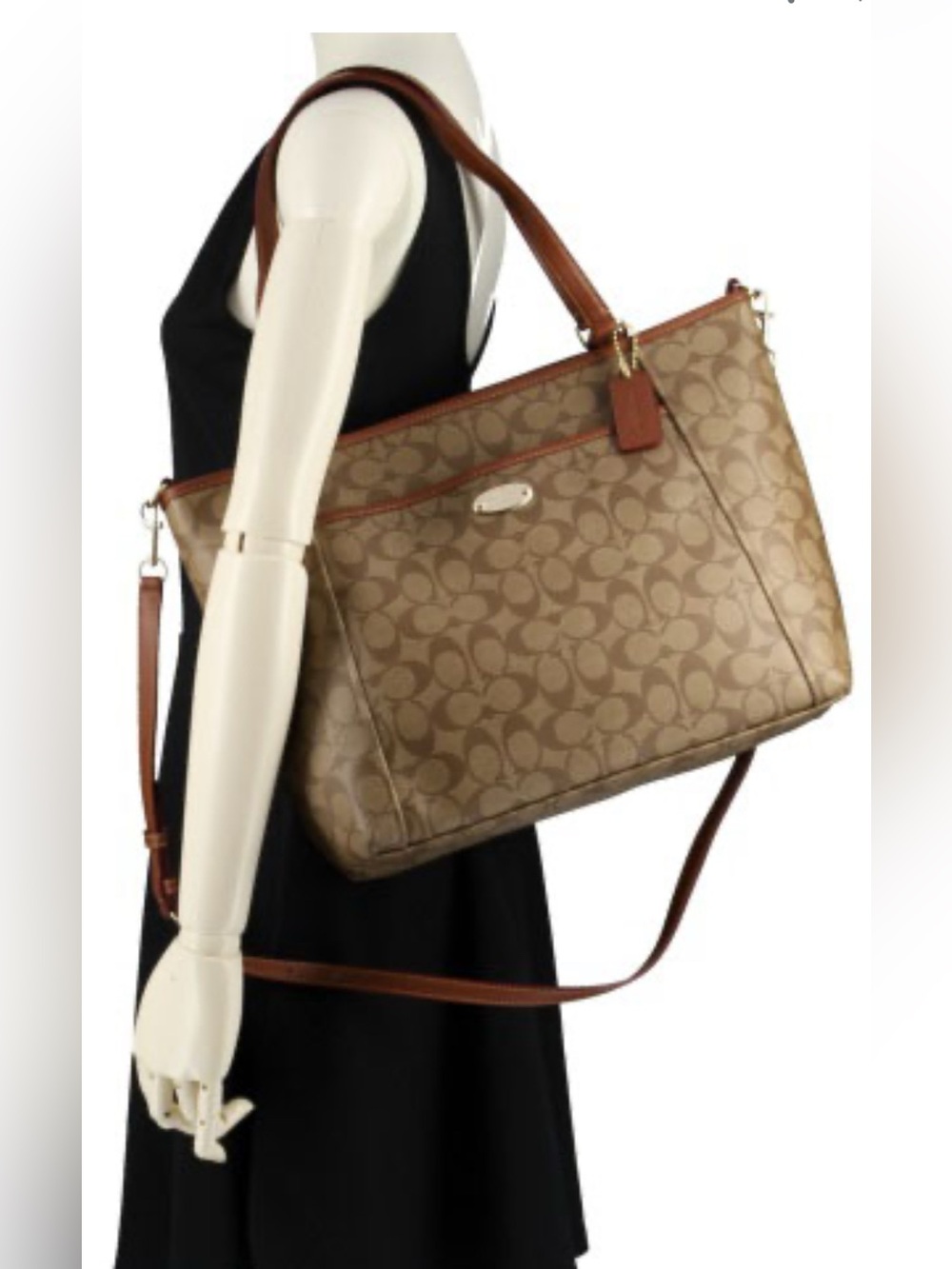 Coach Peyton Signature Logo Canvas Pocket Tote in Khaki/Saddle